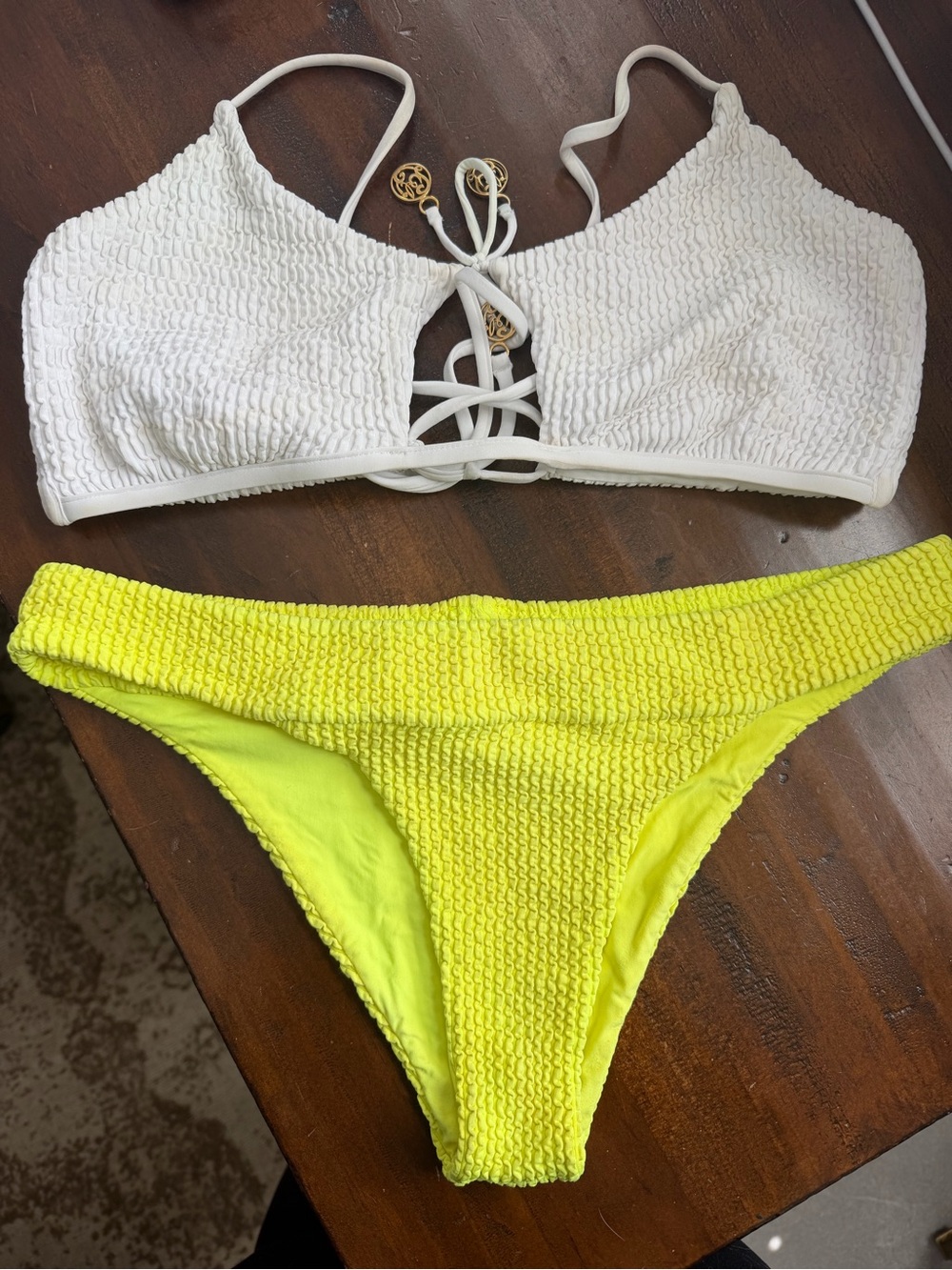 Luli Fama White & Neon Yellow Textured Bikini Set